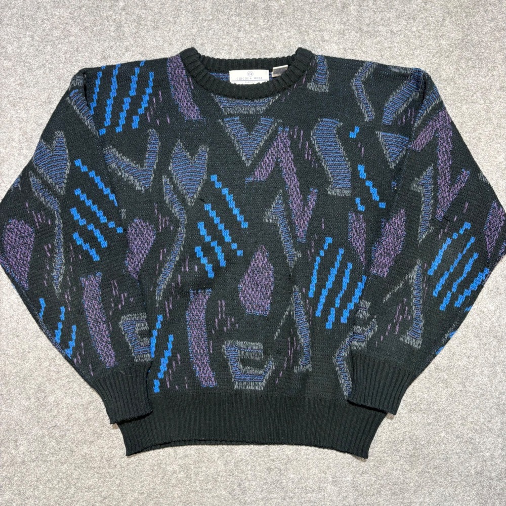 Vintage Circola Moda Classico Abstract Geometric Knit Sweater Black Blue Large